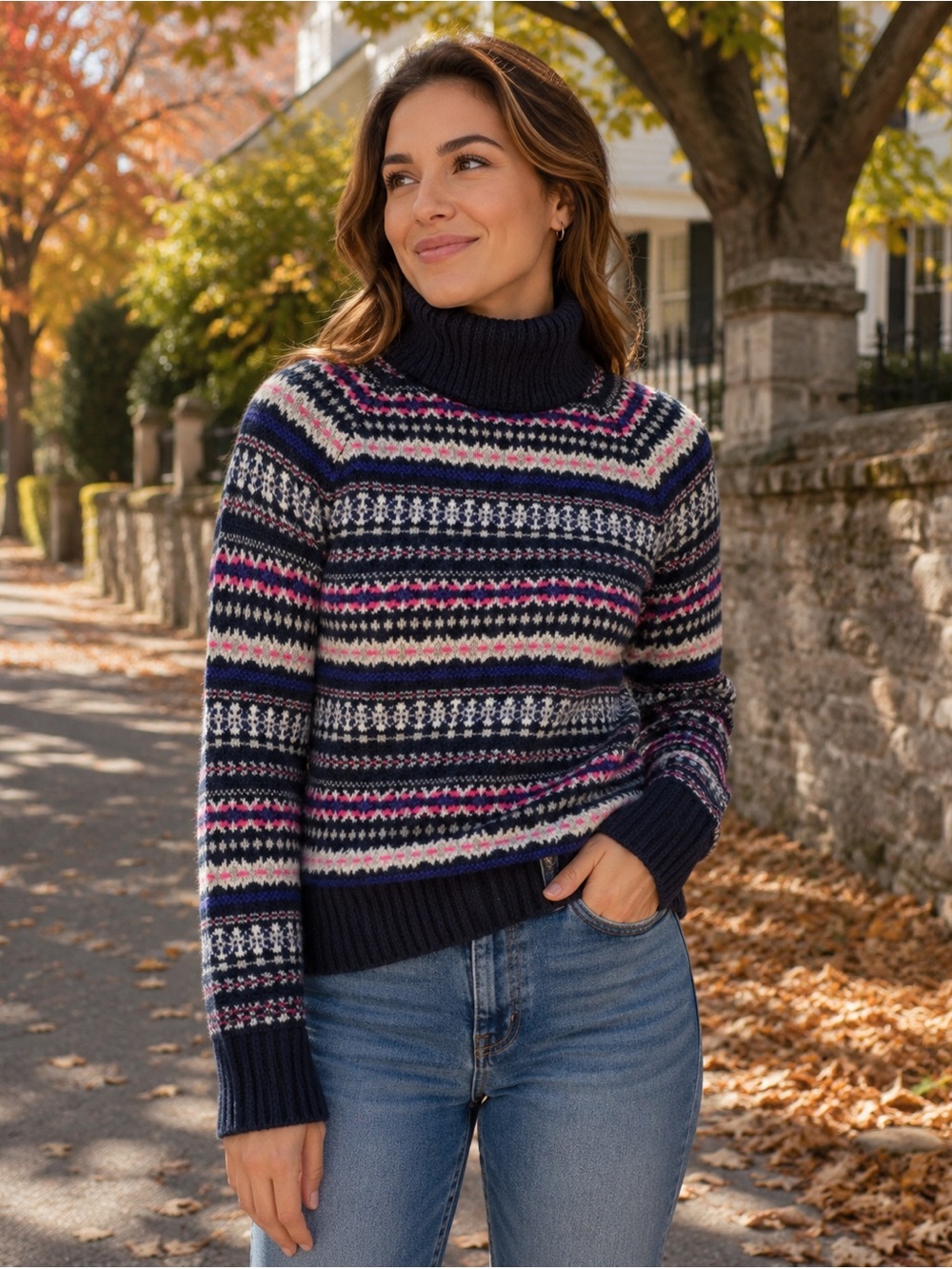 J.Crew Fair Isle Sweater Womens XS 100% Wool Turtleneck Nordic Navy Pink